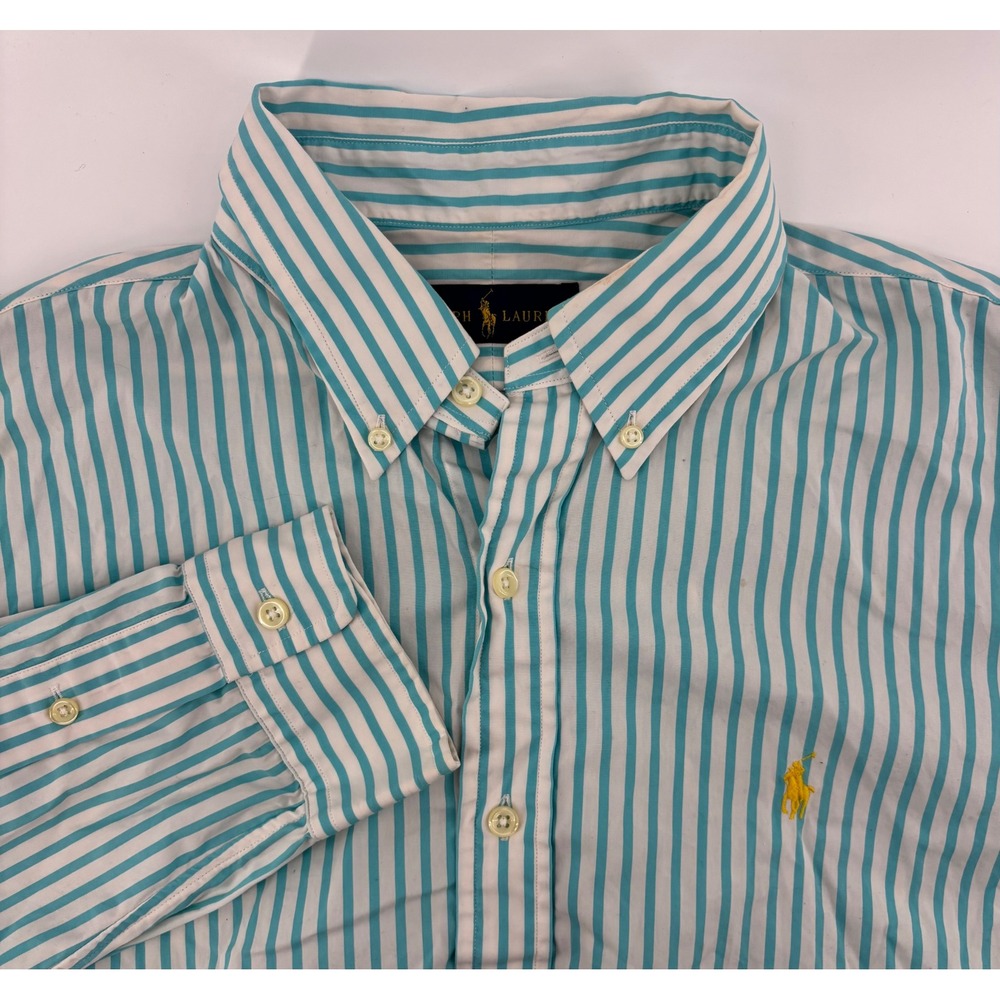 Ralph Lauren Button Down Shirt Men's L Teal White Striped Long Sleeve Pony Logo